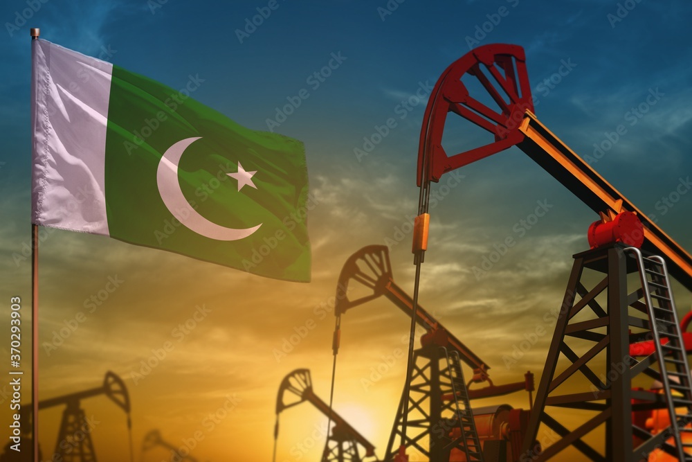 Pakistan oil industry concept. Industrial illustration - Pakistan flag and oil wells against the blue and yellow sunset sky background - 3D illustration