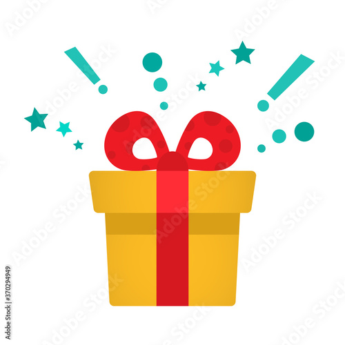 Delight present, surprise yellow gift box, birthday celebration, special give away package, loyalty program reward, wonder gift with exclamation mark, vector icon, flat illustration