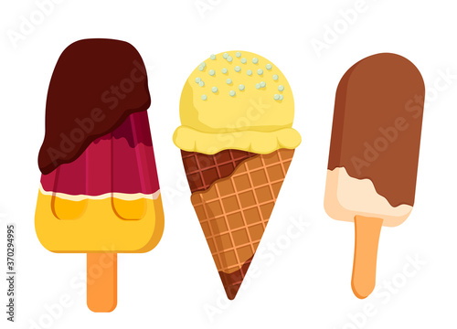 Pomegranate ice cream with chocolate glaze. Chocolate filled ice cream. Citrus ice cream flavoured with lemon, grapefruit, pomelo. 