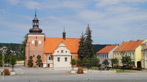 view of the old market square and medieval church in Włocławek, Poland