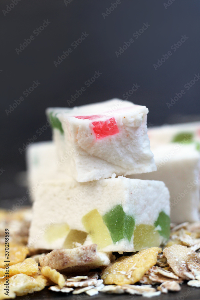 White marshmallow with marmalade crumbs, dessert White marshmallow with marmalade crumbs, dessert