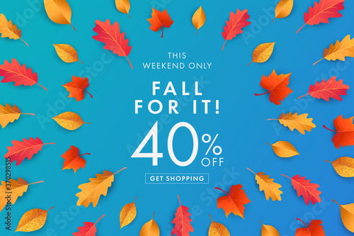 Autumn Sale blue background, banner, poster or flyer design. Vector illustration with bright beautiful leaves frame and text fall for it 40 % off. Template for advertising, web, social and fashion Web