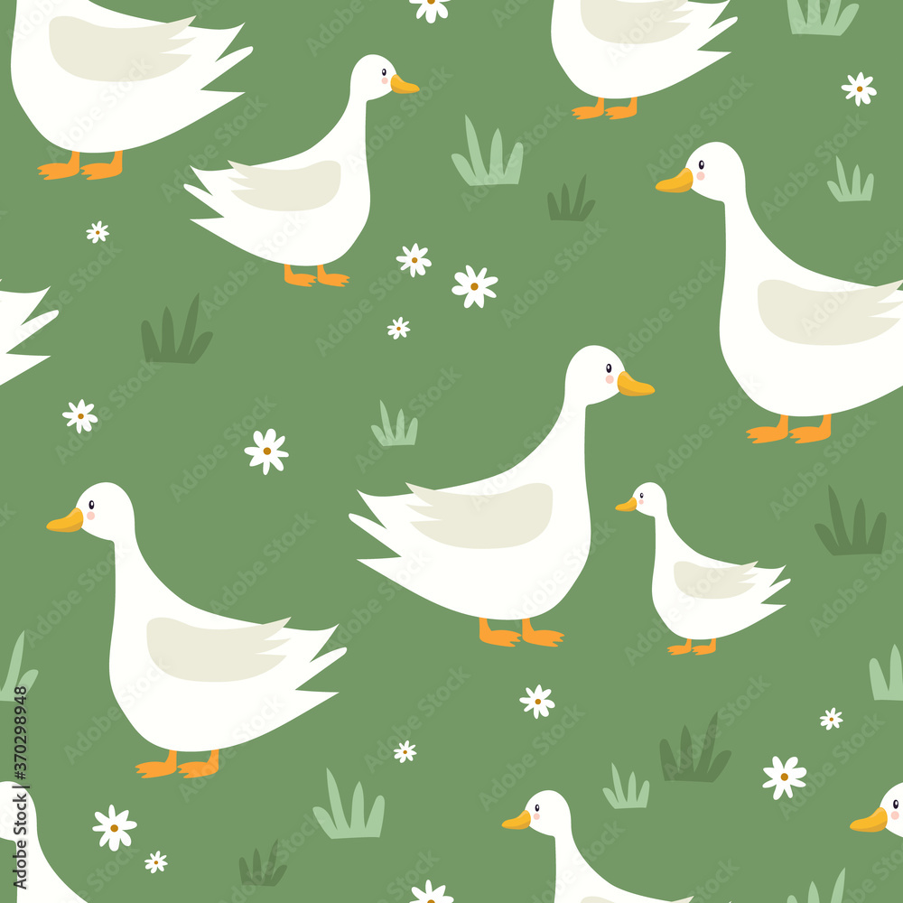 Seamless pattern, birds, hand drawn overlapping backdrop. Colorful background vector. Cute illustration, geese, flowers. Decorative wallpaper, good for printing