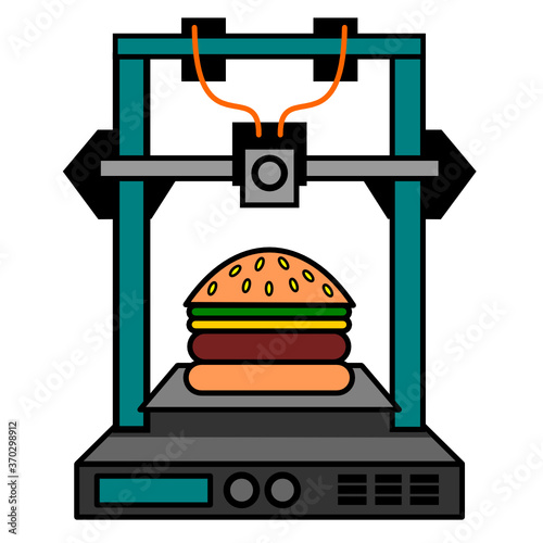 Vector illustration of a modern 3D printer with hamburger which can be even used for food printing using modern methods