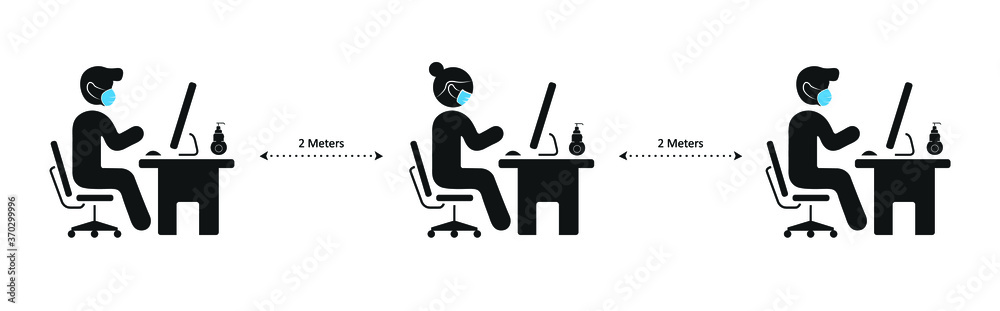 Employees Working in Office with Social Distance Wearing Face Mask and Hand Sanitizer.