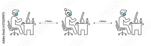 Employees Working in Office with Social Distance Wearing Face Mask and Hand Sanitizer. Line Icon Concept. Staffs Working With 2 Meters Distance.