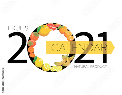 Fruit calendar 2021. Main big numbers, tropical fruits. Vector illustration isolated. Planner diary 