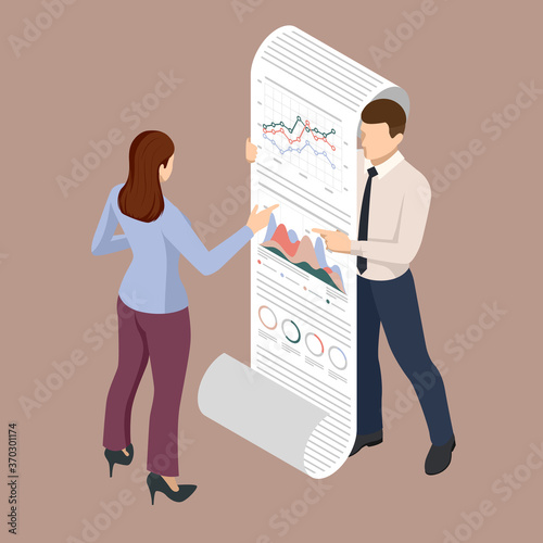 Isometric business people looking at the graph on flipchart. Expert team for Data Analysis, Business Statistic, Management, Consulting, Marketing.