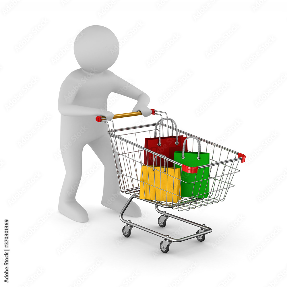 man and shopping cart on white background. Isolated 3D illustration man and shopping cart on white background. Isolated 3D illustration