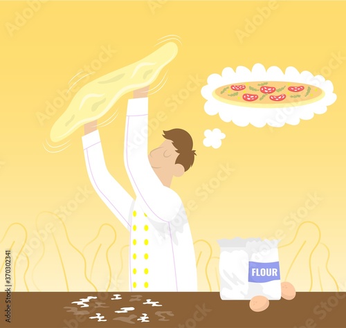 Chef thinking about pizza and preparing dough throwing up. Flat vector color cartoon icon