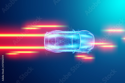 Car hologram light lines, automatically detects road and obstacles, scans the road. Transport technologies. Copy space. 3D illustration, 3D render.