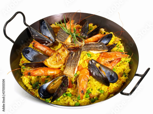 Paella in a Pan isolated on white Background