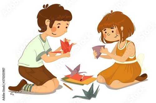 Children make origami cranes