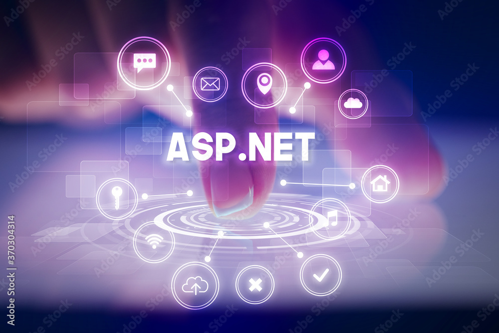 Finger touching tablet with web technology icons and ASP.NET inscription, web technology concept Finger touching tablet with web technology icons and ASP.NET inscription, web technology concept
