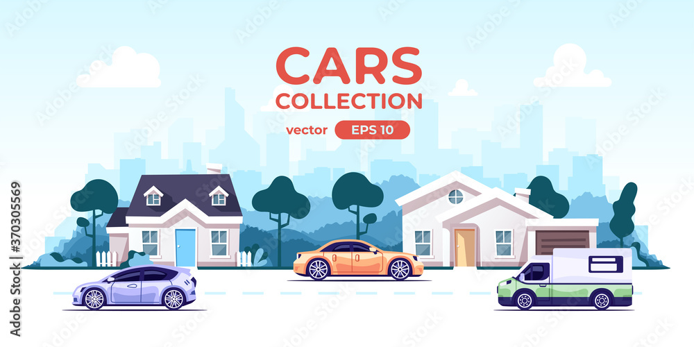 Cars with city silhouette on the background. Urban landscape. Modern simple cartoon design. Flat style eps10 illustration. Wide panorama. Traffic on the road.