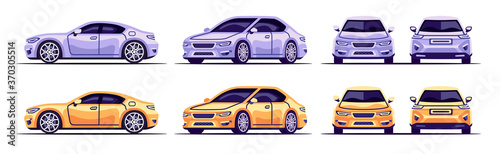 Car sedan set isolated on white background. Vehicle front, side, back, above view. Flat style eps10 illustration. Simple modern design. Icons collection.