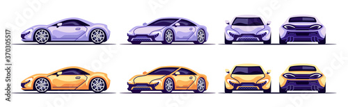 Car supercar set isolated on white background. Vehicle front  side  back  above view. Flat style eps10 illustration. Simple modern design. Icons collection.