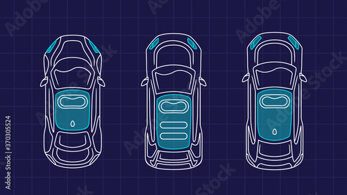 Car set above, top view isolated. Vehicle front, side, back, above view. Flat style eps10 illustration. Simple modern design. Icons collection.