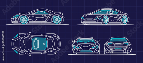 Car supercar set isolated. Vehicle front, side, back, above view. Flat style eps10 illustration. Simple modern design. Icons collection.