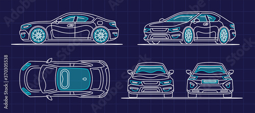 Car sedan set isolated. Vehicle front, side, back, above view. Flat style eps10 illustration. Simple modern design. Icons collection.