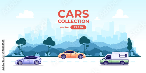 Cars with city silhouette on the background. Urban landscape. Modern simple cartoon design. Flat style eps10 illustration. Wide panorama. Traffic on the road.