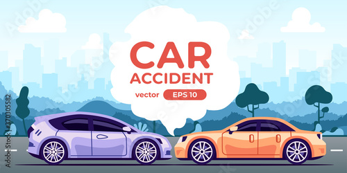 Car broken down. Accident on the road. Flat style eps10 illustration. Hatchback vehicle with open hood. Side view. Simple modern design. Icons collection.