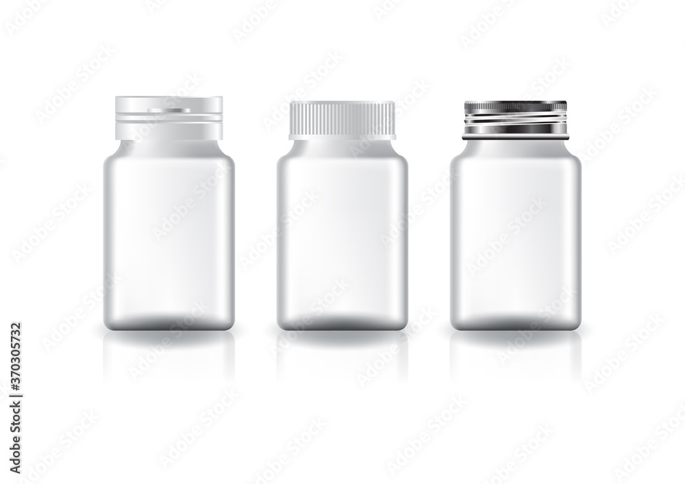 White square supplements, medicine bottle (3 styles white lid) for beauty or healthy product. Isolated on white background with reflection shadow. Ready to use for package design. Vector illustration. White square supplements, medicine bottle (3 styles white lid) for beauty or healthy product. Isolated on white background with reflection shadow. Ready to use for package design. Vector illustration.