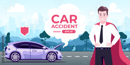 Car broken down. Accident on the road. Flat style eps10 illustration. Hatchback vehicle with open hood. Side view. Simple modern design. Icons collection.