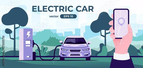 Car charging at the charger station. Car refueling petrol at the gas station. Electric or gasoline. Flat style eps10 illustration. Front view. Simple modern design. Black color icon.