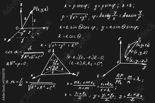 Vintage education and scientific background. Geometry law theory and mathematical formula equation on blackboard. Vector hand-drawn illustration.