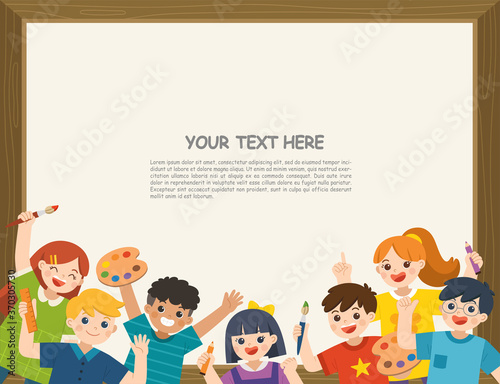 Group of Multicultural happy kids have fun and ready to get painting together. Cheerful elementary school students. Template for advertising brochure.