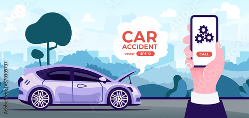 Car broken down. Accident on the road. Flat style eps10 illustration. Hatchback vehicle with open hood. Side view. Simple modern design. Icons collection.