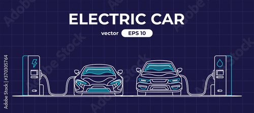 Car charging at the charger station. Car refueling petrol at the gas station. Electric or gasoline. Flat style eps10 illustration. Front view. Simple modern design. Black color icon.