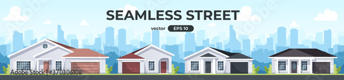 Seamless cityscape. City silhouette background. Urban landscpe with skyscrapers, buildings and houses. Street panorama with road. Flat style vector eps10 illustration. Simple modern cartoon design.