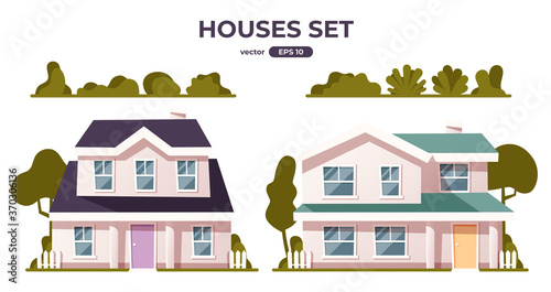 Houses set isolated. Buildings, home, real estate collection. Front view. Flat style vector eps10 illustration. Simple modern design. Street with colorful cottage houses. Cute cartoon city.