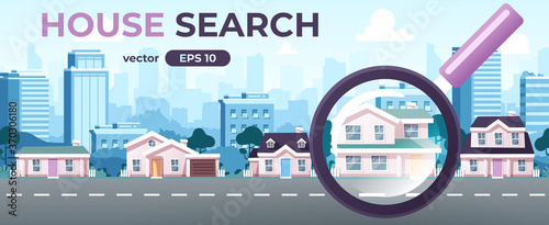 House search. Magnifying glass, loupe. Seamless cityscape. City silhouette background. Urban landscpe with buildings and houses. Street panorama with road. Flat cartoon style vector illustration.