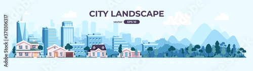Seamless cityscape. City silhouette background. Urban landscpe with skyscrapers  buildings and houses. Street panorama with road. Flat style vector eps10 illustration. Simple modern cartoon design.