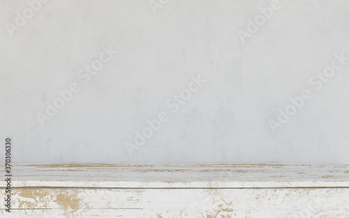 White, empty interior background, wooden table .3d render.
