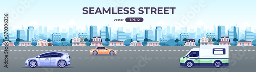 Seamless cityscape. Street panorama with road and cars. City silhouette background. Urban landscpe with skyscrapers, buildings and houses. Flat style vector eps10 illustration. Simple cartoon design.