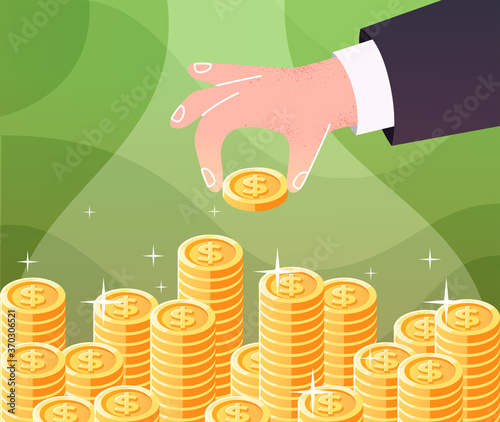 Coins stack. Hand with coin. Increase in wealth. Heap of shining golden coins. Money, finance, business icon. Flat style vector illustration. Signs and symbols. Modern simple cartoon style.