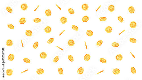 Money rain. Coins flying. Banknotes, dollars, bills falling. Flat style vector illustration. Signs and symbols. Modern simple cartoon style. Finance pattern. Isolated on a white background.