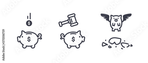 Piggy bank. Money, finance, business icons set isolated. Flat style vector illustration. Line art. Signs and symbols. Modern simple style. broken piggy bank. Flying pig with wings.