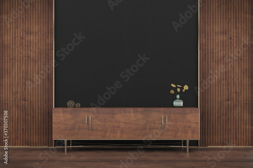 Empty interior background, room with brown wood and black paneling wall and hardwood flooring, wooden tv stand, 3d rendering
