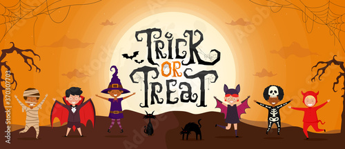 Trick or Treat scary text with kids in Halloween costume on spooky night landscape under moonlight. Set of cartoon characters of children witch, bat, mummy, devil, dracula. Vector illustration.