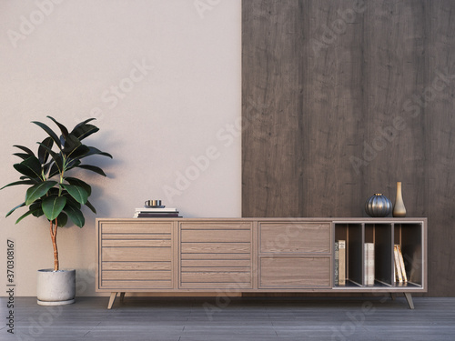 Empty interior background, room with brown and white wooden paneling wall and flooring, tv stand, cabinet.   © muratefe