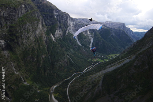 Skydivers over mountains in Norway