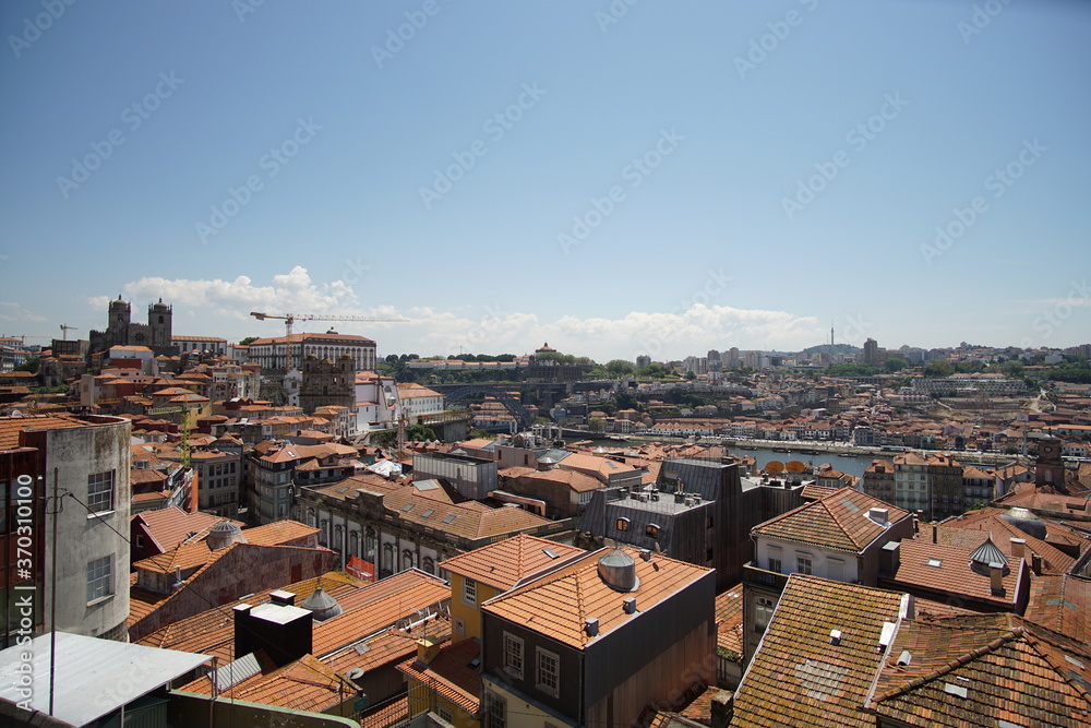 Porto, Portugal, top view of buildings with red tile roofs in the Porto city center