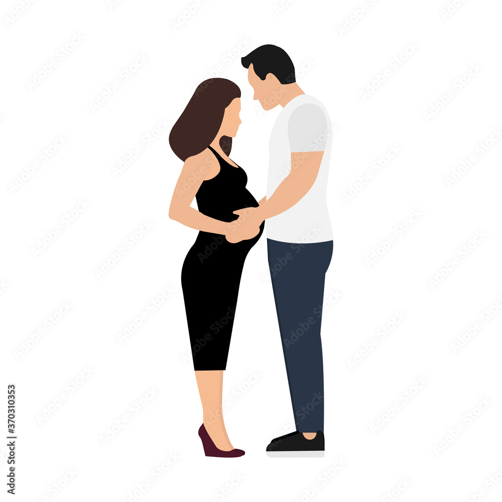 Man touching belly of his beautiful pregnant woman, isolated on white background. Vector illustration in flat design