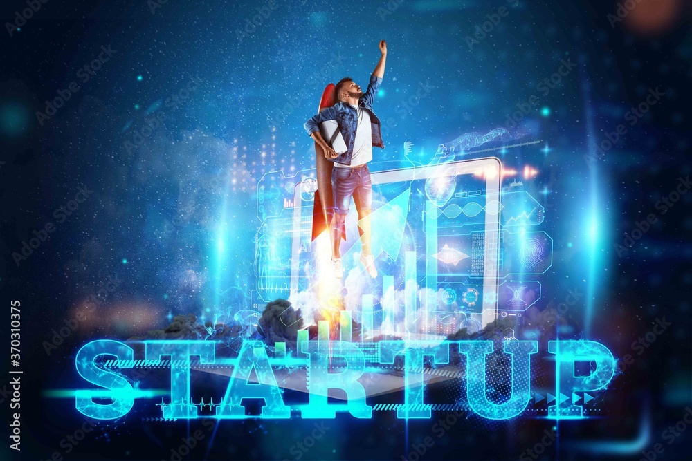 Φωτογραφία The inscription Startup, Businessman taking off on a Rocket on the background of the image of the charts development strategy, business concept, new technologies, hologram