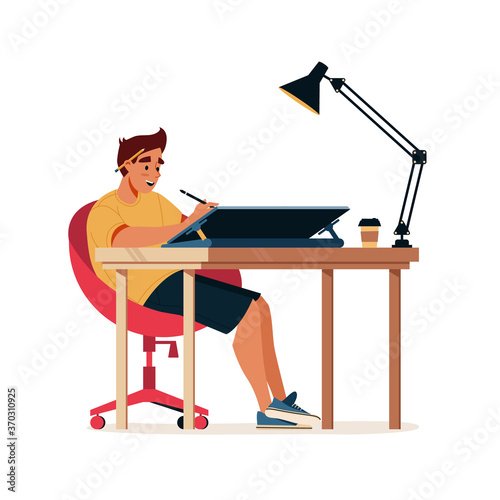 Designer works at design, illustrator drawing at computer or tablet, graphic design studio worker, vector cartoon flat illustration. Isolated designer illustrator drawing artwork with pen stylus